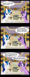 Size: 1024x2589 | Tagged: safe, artist:naterrang, applejack, fluttershy, rainbow dash, shining armor, twilight sparkle, earth pony, pegasus, pony, unicorn, g4, bachelor party, book, chase, cider, comic, female, funny background event, library, male, mare, reading, stallion
