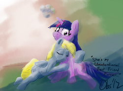 Size: 1086x803 | Tagged: safe, artist:obsequiosity, derpy hooves, twilight sparkle, pegasus, pony, unicorn, g4, bubble, duo, duo female, female, hug, lesbian, mare, muffin, ship:twerpy, shipping, sitting, unicorn twilight