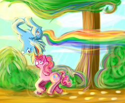 Size: 3000x2475 | Tagged: safe, artist:ryuredwings, pinkie pie, rainbow dash, earth pony, pegasus, pony, g4, eye contact, female, flying, high res, lesbian, looking at each other, mare, rainbow trail, running, ship:pinkiedash, shipping, smiling, tree