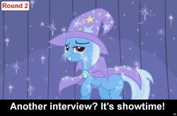 Size: 1024x670 | Tagged: safe, edit, edited screencap, screencap, trixie, pony, unicorn, comic:celestia's servant interview, boast busters, g4, season 1, alternative cutie mark placement, cape, caption, clothes, female, grin, hat, inner thigh cutie mark, interview, looking at you, mare, meta, raised hoof, smiling, solo, sparkles, stage, trixie's cape, trixie's hat