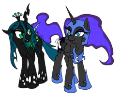 Size: 1388x1120 | Tagged: dead source, safe, artist:dankodeadzone, nightmare moon, queen chrysalis, alicorn, changeling, changeling queen, pony, g4, crown, duo, duo female, female, jewelry, mare, regalia, simple background, transparent background