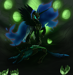 Size: 1141x1165 | Tagged: safe, artist:myhysteria, nightmare moon, queen chrysalis, alicorn, changeling, changeling queen, pony, g4, clipped wings, crown, duo, duo female, female, jewelry, mare, prone, raised hoof, regalia