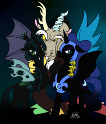 Size: 856x1000 | Tagged: safe, artist:azurathefox, artist:pokelai, discord, nightmare moon, queen chrysalis, alicorn, changeling, changeling queen, draconequus, pony, g4, 2012, and then discord was a man, colored, discord gets all the mares, female, floppy ears, male, mare, smiling, smirk