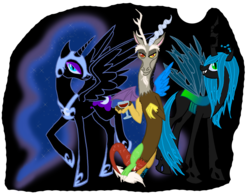 Size: 2750x2134 | Tagged: safe, artist:djora, discord, nightmare moon, queen chrysalis, alicorn, changeling, changeling queen, draconequus, pony, g4, female, glass, high res, male, mare, wine glass