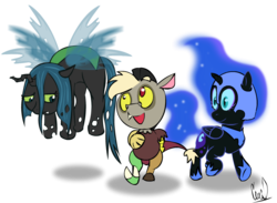 Size: 820x600 | Tagged: safe, discord, nightmare moon, queen chrysalis, alicorn, changeling, changeling queen, draconequus, nymph, pony, g4, cute, cutealis, discute, female, filly, foal, male, moonabetes, nightmare woon, simple background, transparent background, walking, younger