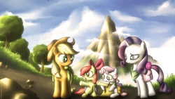 Size: 1920x1080 | Tagged: safe, artist:fongsaunder, apple bloom, applejack, rarity, sweetie belle, earth pony, pony, unicorn, g4, bandana, female, filly, map, mare, mountain, pointing, saddle bag, scenery