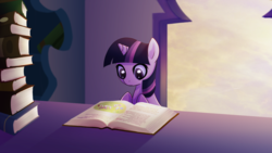 Size: 1920x1080 | Tagged: safe, artist:rizcifra, twilight sparkle, pony, unicorn, g4, book, female, filly, reading, solo, wallpaper