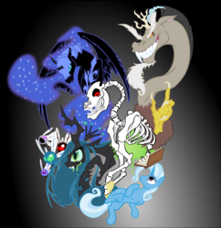 Size: 4126x4265 | Tagged: safe, artist:mohawkrex, discord, nightmare moon, queen chrysalis, trixie, alicorn, changeling, changeling queen, draconequus, parasprite, pony, unicorn, g4, absurd resolution, antagonist, bone, female, gradient background, male, mare, protagonist, skeleton, villains of equestria