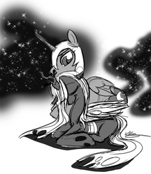 Size: 638x740 | Tagged: safe, artist:bunnimation, nightmare moon, queen chrysalis, alicorn, changeling, changeling queen, pony, g4, duo, duo female, female, mare, monochrome, prone, smiling