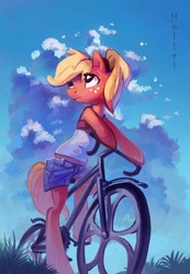 Size: 2586x3736 | Tagged: safe, artist:holivi, applejack, earth pony, semi-anthro, g4, alternate hairstyle, bicycle, clothes, cloud, cottagecore, female, high res, mare, solo