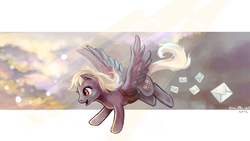 Size: 1416x801 | Tagged: safe, artist:linnpuzzle, derpy hooves, pegasus, pony, g4, crepuscular rays, female, flying, mail, mailmare, mare, saddle bag, smiling, solo, wallpaper