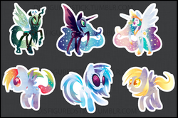 Size: 1154x764 | Tagged: safe, artist:disfiguredstick, derpy hooves, dj pon-3, nightmare moon, princess celestia, queen chrysalis, rainbow dash, vinyl scratch, alicorn, changeling, changeling queen, pegasus, pony, unicorn, g4, female, mare, sparkly mane, sparkly tail, starry eyes, tail, wingding eyes