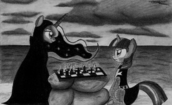 Size: 1984x1215 | Tagged: safe, artist:walliscolours, princess luna, twilight sparkle, alicorn, pony, unicorn, g4, chess, cloak, clothes, crossover, death, duo, duo female, female, mare, monochrome, sitting, the seventh seal, traditional art