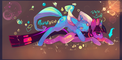 Size: 1212x600 | Tagged: safe, artist:mujinai, trixie, twilight sparkle, pony, unicorn, g4, abstract background, duo, female, mare, prone, tongue out