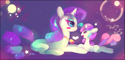 Size: 1024x492 | Tagged: safe, artist:mujinai, rarity, sweetie belle, pony, unicorn, g4, abstract background, bell, blushing, female, filly, heart, mare, pillow, prone, sisters, smiling, stars