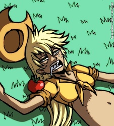 Size: 724x800 | Tagged: safe, artist:kodama-sama, applejack, human, .mov, apple.mov, g4, female, front knot midriff, humanized, lidded eyes, midriff, on back, open mouth, solo