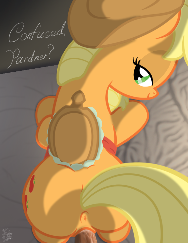 22871 - explicit, artist:facelessjr, applejack, earth pony, human, pony,  anus, bedroom eyes, dark skin, female, from behind, human male, human male  on mare, human on pony action, human penis, male, male pov,