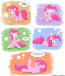 Size: 1300x1516 | Tagged: safe, artist:epulson, pinkie pie, earth pony, pony, g4, comic, dialogue, dizzy, female, mare, no pupils, solo, tongue out