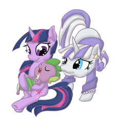 Size: 817x888 | Tagged: safe, artist:otterlore, spike, twilight sparkle, twilight velvet, dragon, pony, unicorn, g4, adopted, baby, baby spike, child, clothes, daughter, female, filly, filly twilight sparkle, male, mama twilight, mare, mother, mother and child, mother and daughter, mother and son, motherly, motherly love, simple background, sleeping, smiling, son, spike's family, unicorn twilight, vector, white background, younger