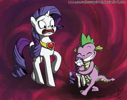 Size: 839x660 | Tagged: dead source, safe, artist:senselesssquirrel, rarity, spike, dragon, pony, unicorn, g4, abstract background, female, fire ruby, grin, hilarious in hindsight, male, mare, plushie, rarity plushie, ship:sparity, shipping, shocked, smiling, straight