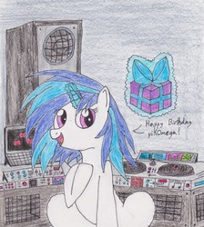 Size: 2268x2534 | Tagged: safe, artist:darkknighthoof, dj pon-3, vinyl scratch, pony, unicorn, g4, female, high res, mare, mixing console, present, sitting, solo, traditional art, turntable