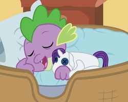 Size: 1280x1024 | Tagged: safe, artist:2-nobody-2, rarity, spike, dragon, g4, female, hilarious in hindsight, male, plushie, rarity plushie, ship:sparity, shipping, sleeping, solo, straight