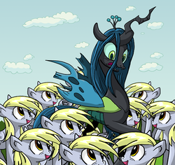 Size: 720x681 | Tagged: safe, artist:xkappax, derpy hooves, queen chrysalis, changeling, changeling queen, pegasus, pony, g4, crown, derpies, female, jewelry, mare, multeity, regalia, unstoppable force of derp