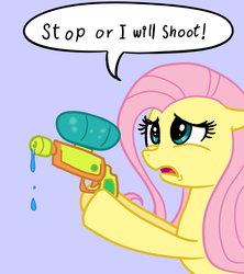 Size: 889x1000 | Tagged: source needed, safe, artist:madmax, fluttershy, pegasus, pony, g4, female, floppy ears, mare, solo, this will end in tears, watergun