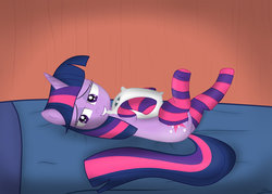 Size: 900x643 | Tagged: safe, artist:nostalgiagamerjs, twilight sparkle, pony, unicorn, g4, bed, bedroom eyes, clothes, female, grin, mare, on back, pillow, smiling, socks, solo, striped socks, unicorn twilight