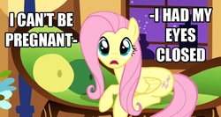 Size: 637x338 | Tagged: safe, edit, edited screencap, screencap, fluttershy, pegasus, pony, g4, stare master, couch, female, looking at you, mare, night, pregnant, solo, text