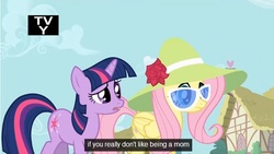 Size: 636x358 | Tagged: safe, screencap, fluttershy, twilight sparkle, pegasus, pony, unicorn, g4, green isn't your color, duo, duo female, female, hat, mare, sunglasses, youtube caption