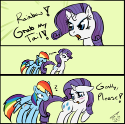 Size: 679x675 | Tagged: safe, artist:kudalyn, rainbow dash, rarity, pegasus, pony, unicorn, g4, blushing, comic, confused, crying, cute, dialogue, duo, eye contact, female, floppy ears, frown, gently please, glare, grab my meme, green background, lidded eyes, looking at each other, looking back, mare, meme, nom, open mouth, pose, question mark, raised hoof, raribetes, sad, signature, simple background, spread wings, tail bite, teary eyes, text, wide eyes, wings