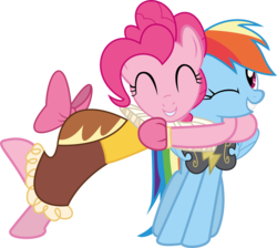 Size: 4557x4082 | Tagged: dead source, safe, artist:waranto, chancellor puddinghead, commander hurricane, pinkie pie, rainbow dash, earth pony, pegasus, pony, g4, hearth's warming eve (episode), absurd resolution, costume, duo, female, hearth's warming eve, hug, lesbian, mare, ship:pinkiedash, shipping, simple background, smiling, transparent background, vector