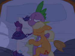 Size: 800x600 | Tagged: safe, artist:weaver, applejack, rarity, spike, dragon, earth pony, pony, unicorn, g4, bed, female, interspecies, lesbian, lesbian in front of boys, lucky bastard, male, mare, messy mane, night, polyamory, ship:applespike, ship:rarijack, ship:sparijack, ship:sparity, shipping, sleeping, smiling, spike gets all the mares, straight, trio