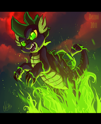 Size: 850x1041 | Tagged: dead source, safe, artist:dezzoi, spike, dragon, g4, badass, fire, leaping, male, solo