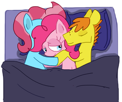 Size: 867x724 | Tagged: safe, artist:weaver, carrot cake, cup cake, pinkie pie, earth pony, pony, g4, bed, cuddling, female, male, mare, ot3, pillow, ship:cakepie, ship:carrot cup, ship:carrot cup pie, ship:carrotpie, shipping, simple background, sleeping, smiling, snuggling, stallion, straight, trio, white background