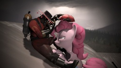 Size: 1920x1080 | Tagged: safe, artist:sinistersnuggles, pinkie pie, earth pony, pony, g4, 3d, female, gmod, male, mare, pyro, shipping, straight, team fortress 2