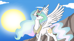 Size: 800x444 | Tagged: safe, artist:himanuts, princess celestia, alicorn, pony, g4, female, mare, peytral, smiling, solo, spread wings, sun