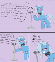 Size: 1085x1229 | Tagged: safe, artist:pooryorick, trixie, pony, unicorn, g4, bad pun, bowtie, comedian, comic, female, mare, microphone, pun, solo, stand-up comedy