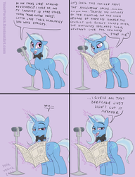 Size: 898x1170 | Tagged: safe, artist:pooryorick, trixie, pony, unicorn, g4, bowtie, comedian, comic, female, mare, microphone, newspaper, solo, stand-up comedy