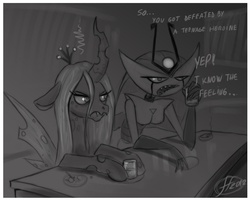 Size: 850x685 | Tagged: safe, artist:14-bis, queen chrysalis, changeling, changeling queen, g4, annoyed, bar, crossover, duo, female, first my life as a teenage robot picture on derpibooru, friendshipping, monochrome, my life as a teenage robot, vexus, xk-class end-of-the-world scenario