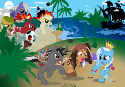 Size: 5000x3477 | Tagged: safe, artist:sunley, trixie, oc, earth pony, pony, unicorn, g4, chase, crossover, crown, day, female, jack sparrow, jewelry, male, mare, pirate ship, pirates of the caribbean, regalia, running, stallion, treasure chest