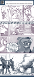 Size: 600x1361 | Tagged: dead source, safe, artist:johnjoseco, princess celestia, princess luna, alicorn, pony, ask princess molestia, gamer luna, princess molestia, g4, angry, butt, comic, fainting goat, female, funny, funny as hell, headset, mare, monochrome, on side, plot, rage, traditional royal canterlot voice, walking on sunshine