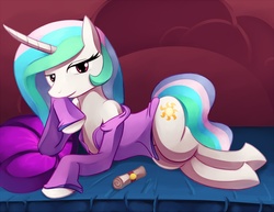 Size: 1280x989 | Tagged: safe, artist:negativefox, princess celestia, alicorn, pony, g4, bed, bedroom eyes, clothes, draw me like one of your french girls, female, mare, on side, scroll, seductive, shirt, solo, stripping, stupid sexy celestia