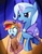 Size: 772x1000 | Tagged: safe, artist:negativefox, rainbow dash, trixie, pegasus, pony, unicorn, g4, cape, clothes, costume, duo, duo female, female, mare, stage, trixie's cape