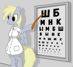 Size: 641x590 | Tagged: safe, artist:tg-0, derpy hooves, anthro, semi-anthro, g4, arm hooves, cyrillic, derp, eye chart, eye exam, female, oculist, ophthalmologist, russian, solo