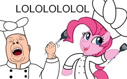 Size: 800x500 | Tagged: safe, pinkie pie, earth pony, human, pony, g4, chef's hat, duo, female, hat, human male, male, mare, meme, simple background, spatula, white background