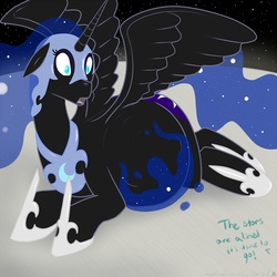 Size: 1280x1280 | Tagged: safe, artist:m-p-l, nightmare moon, alicorn, pony, female, floppy ears, kicking, mare, moon, nightmother moon, pregnant, prone, shocked, solo