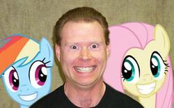 Size: 400x248 | Tagged: safe, fluttershy, rainbow dash, human, pony, g4, may the best pet win, cockmongler, faic, female, grin, irl, irl human, male, mare, meme, photo, smiling