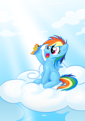 Size: 851x1200 | Tagged: safe, artist:theinkbot, rainbow dash, spitfire, pegasus, pony, g4, cloud, female, filly, foal, ponies playing with ponies, sitting, sky, solo, toy